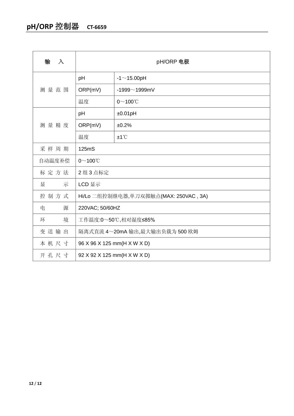 kedida CT-6659 (no electrode) PH/ORP ControllerManual page 12