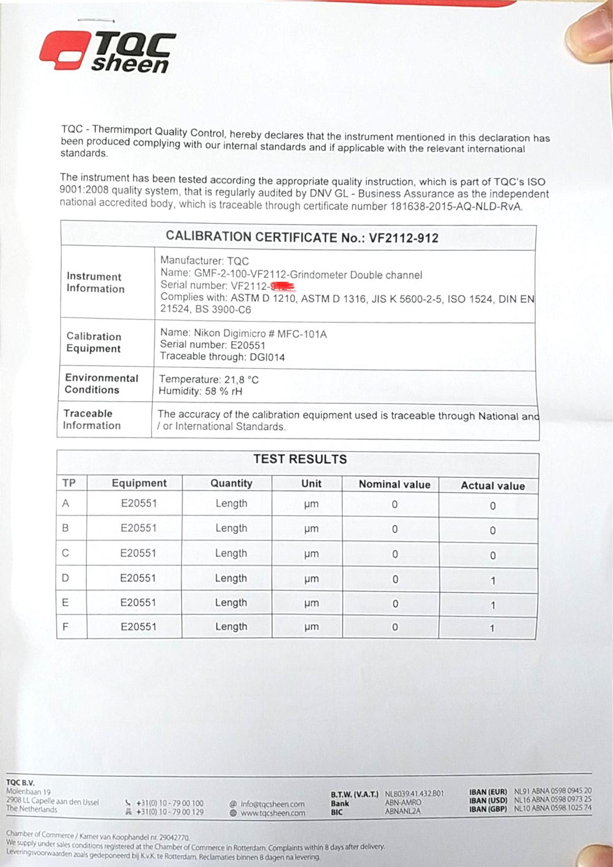 Dutch TQC scraper Fineness meter calibrated certificate sample 1