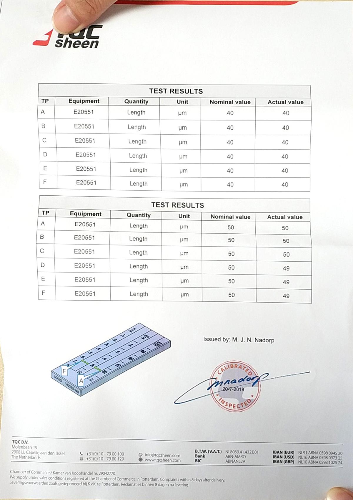 Dutch TQC scraper Fineness meter calibrated certificate sample 3