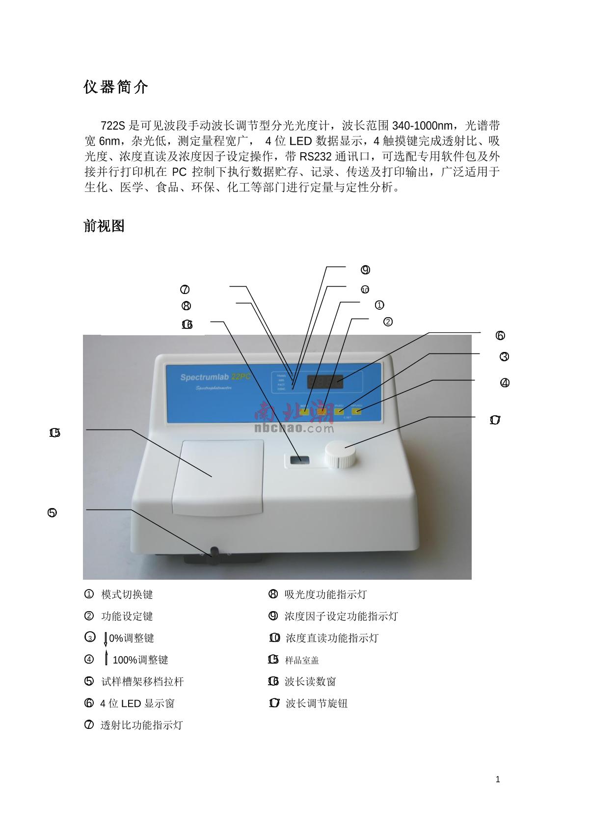 ShangFen 722S Visible Spectrophotometer Manual page 2