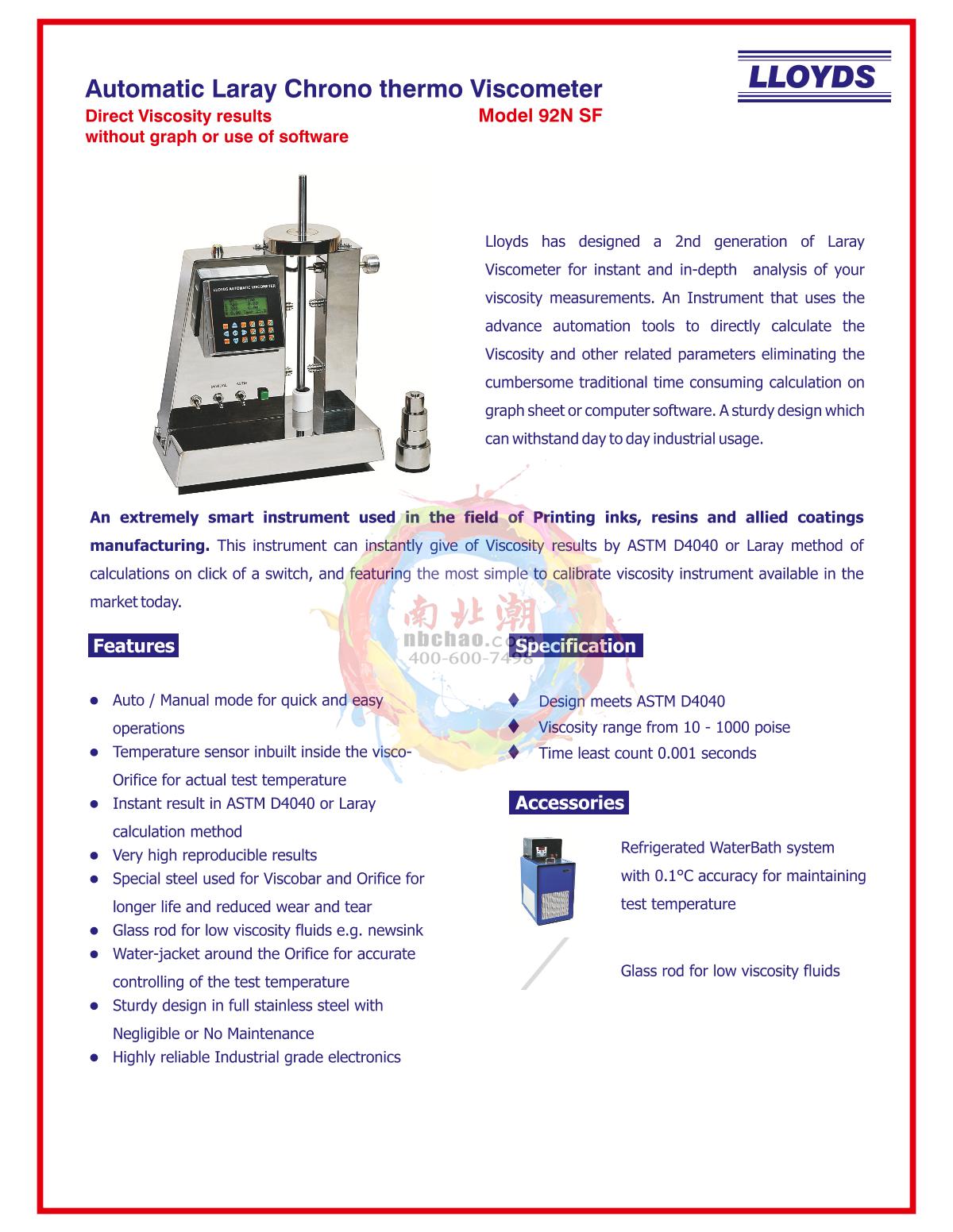 LLOYDS 92N Laray Chronograph Thermal Viscometer brochure page 1