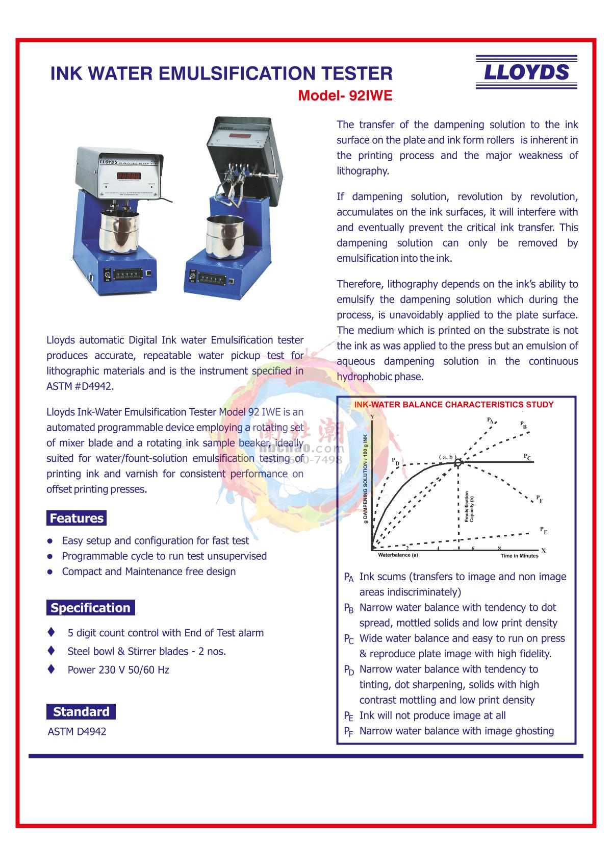 LLOYDS 92 IWE INKS water emulsification Tester brochure page 1