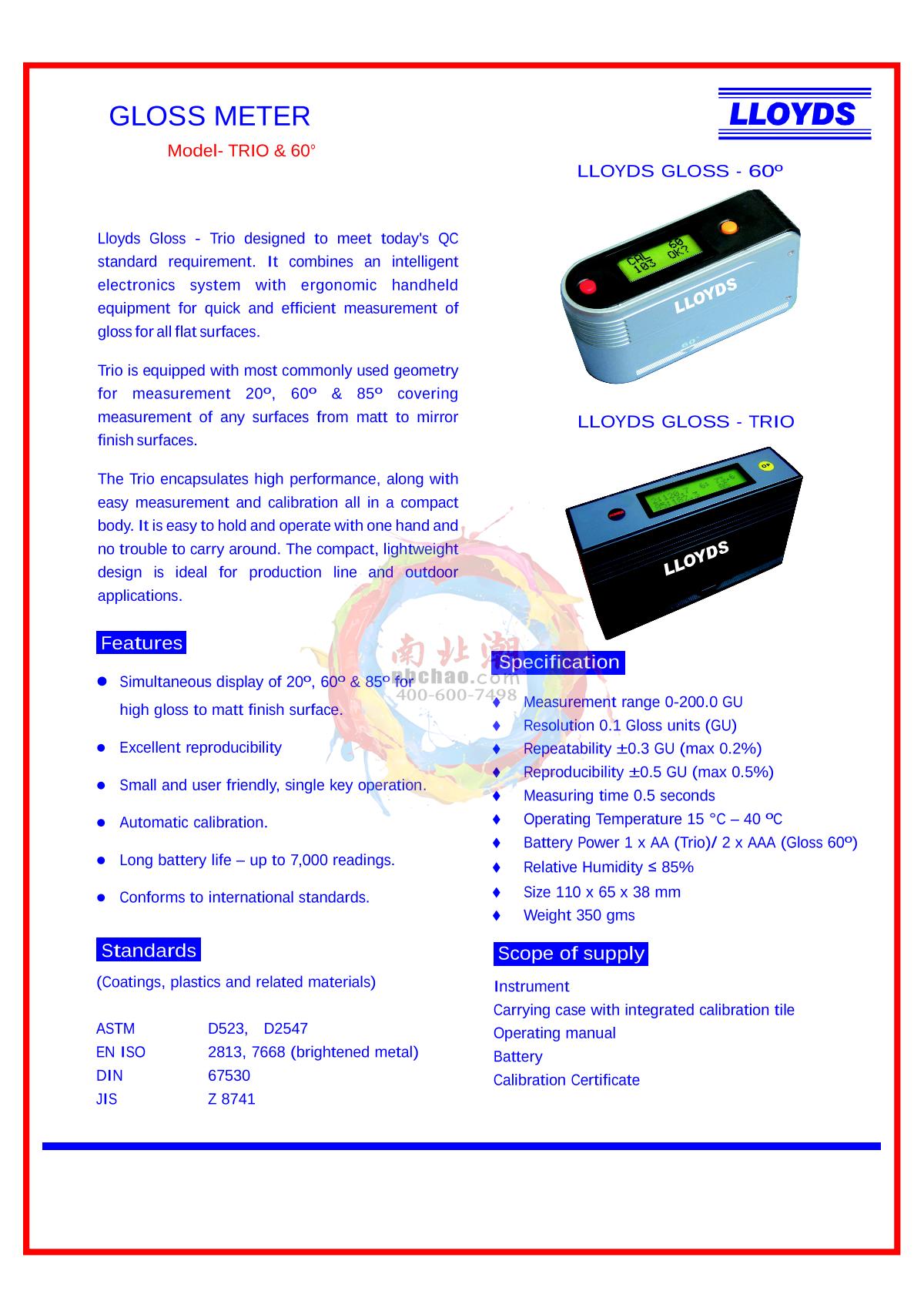 LLOYDS Trio & 60&deg; Gloss meter brochure page 1
