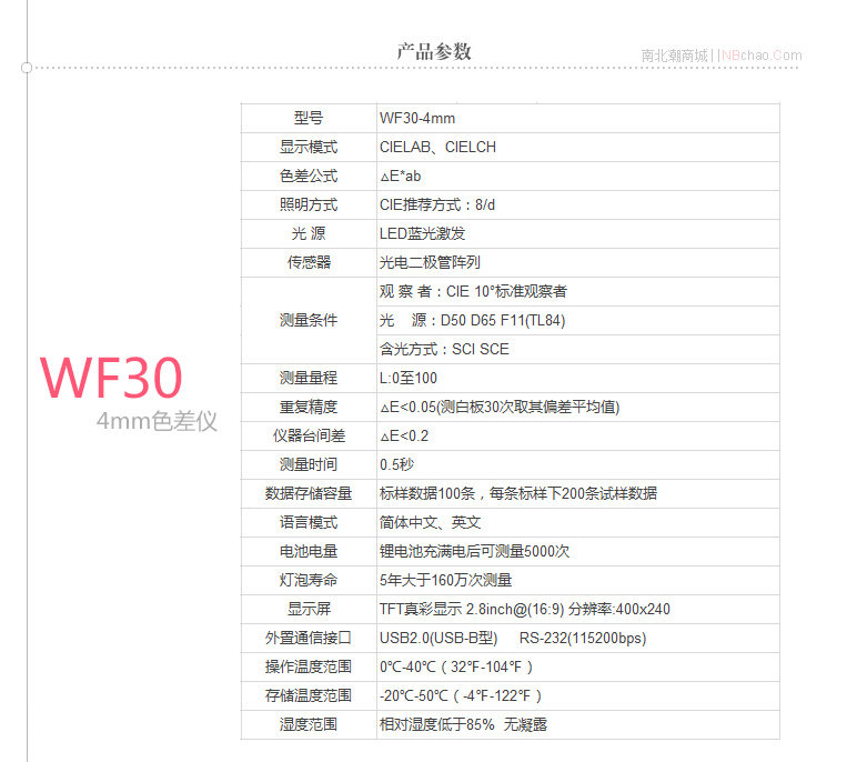 IWave WF30-4mm Small Aperture Colorimeter Specifications