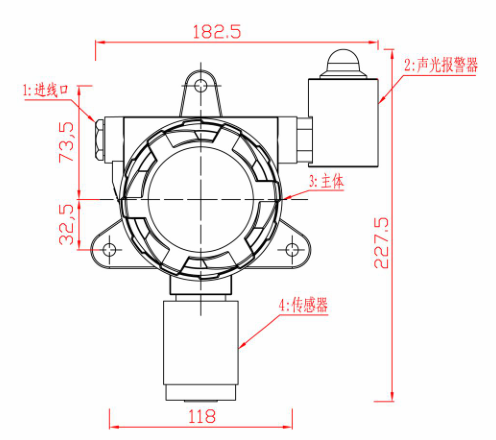 Dimensional drawing of Go&P NGP5-VOC-A fixed VOC alarm