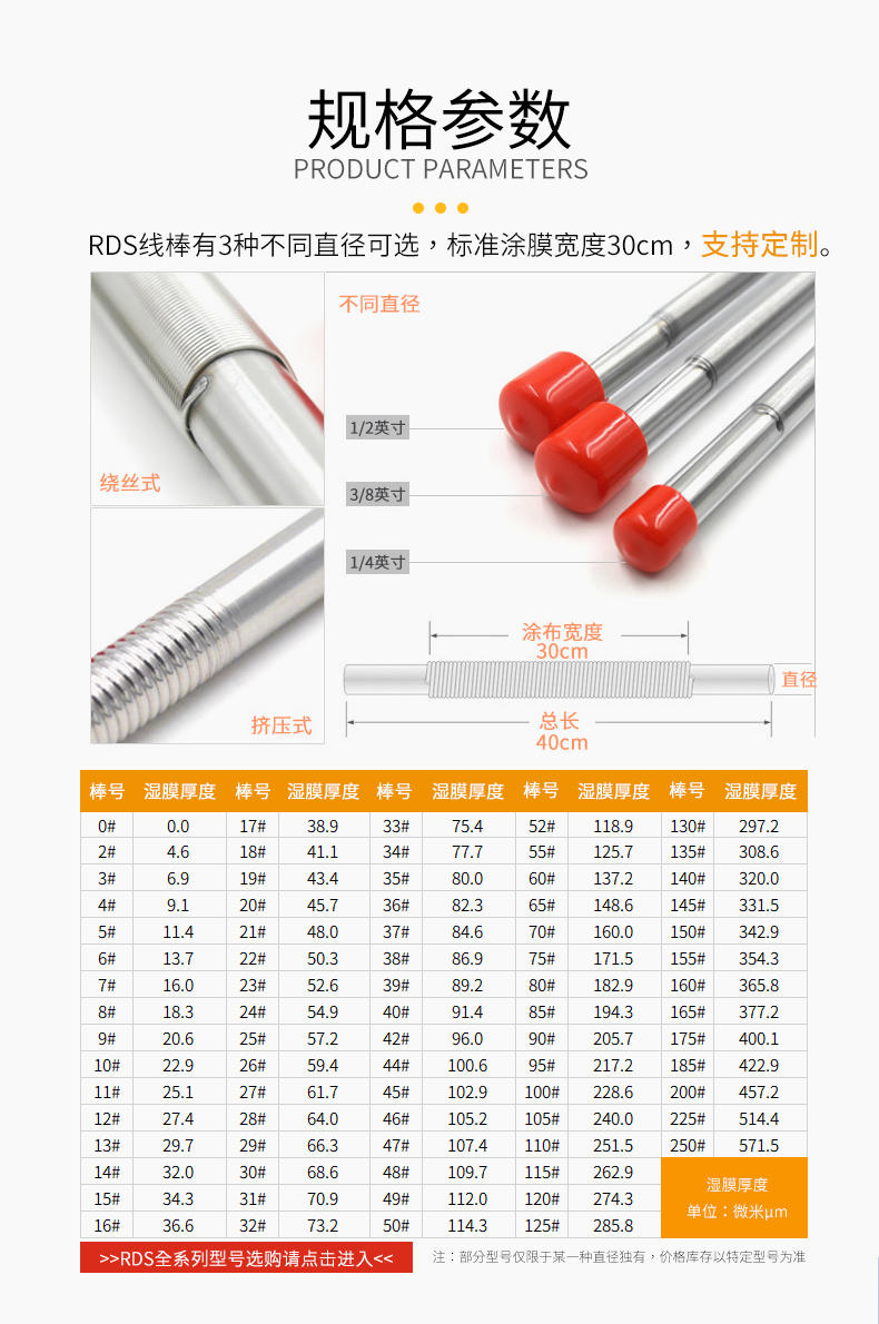 RDS绕丝线棒涂布器规格参数